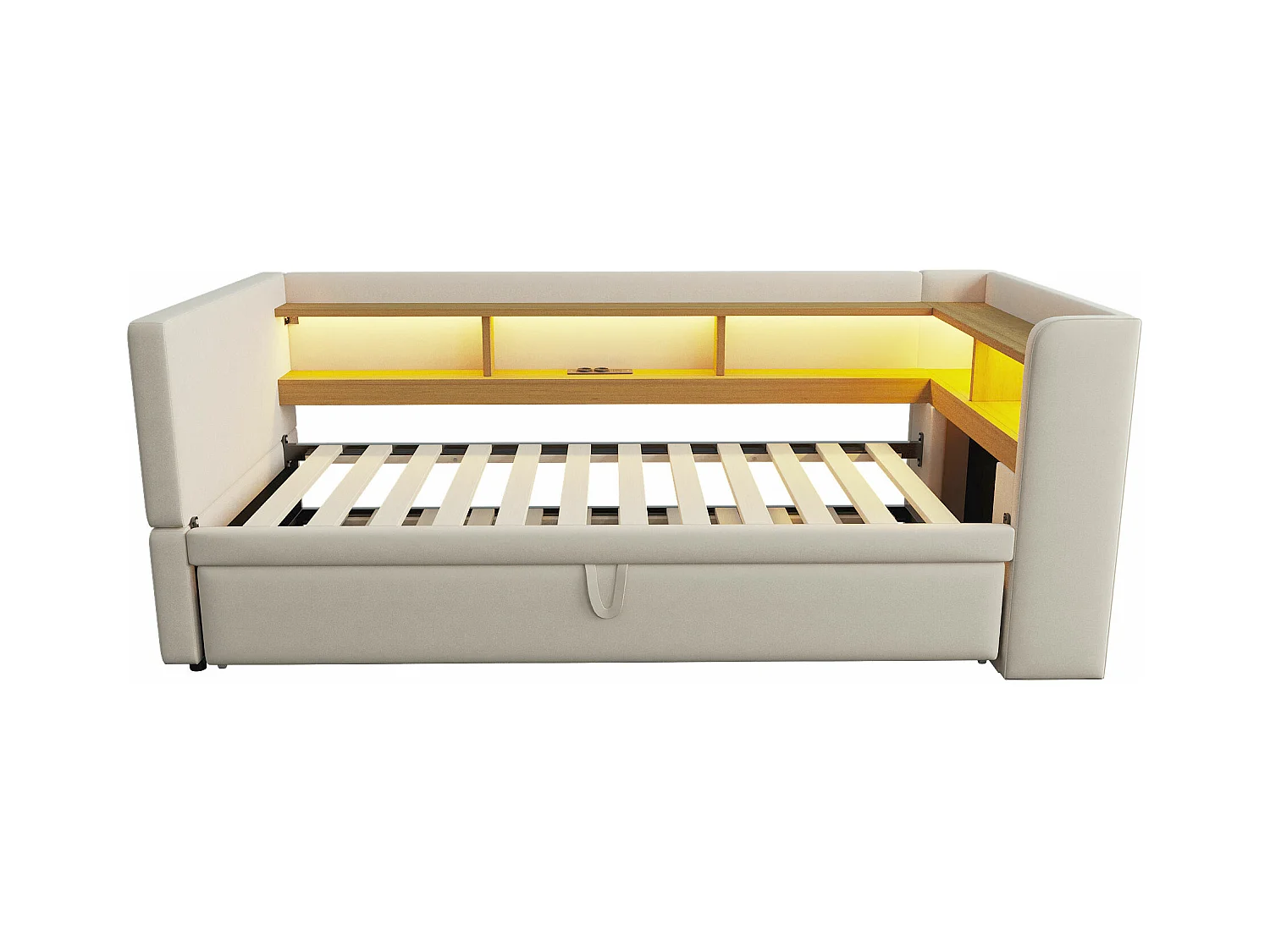 Canapé-lit banquette gigogne - 2 x 90 x 190 cm - Rangements + Leds + prises de charge - Bois massif - beige