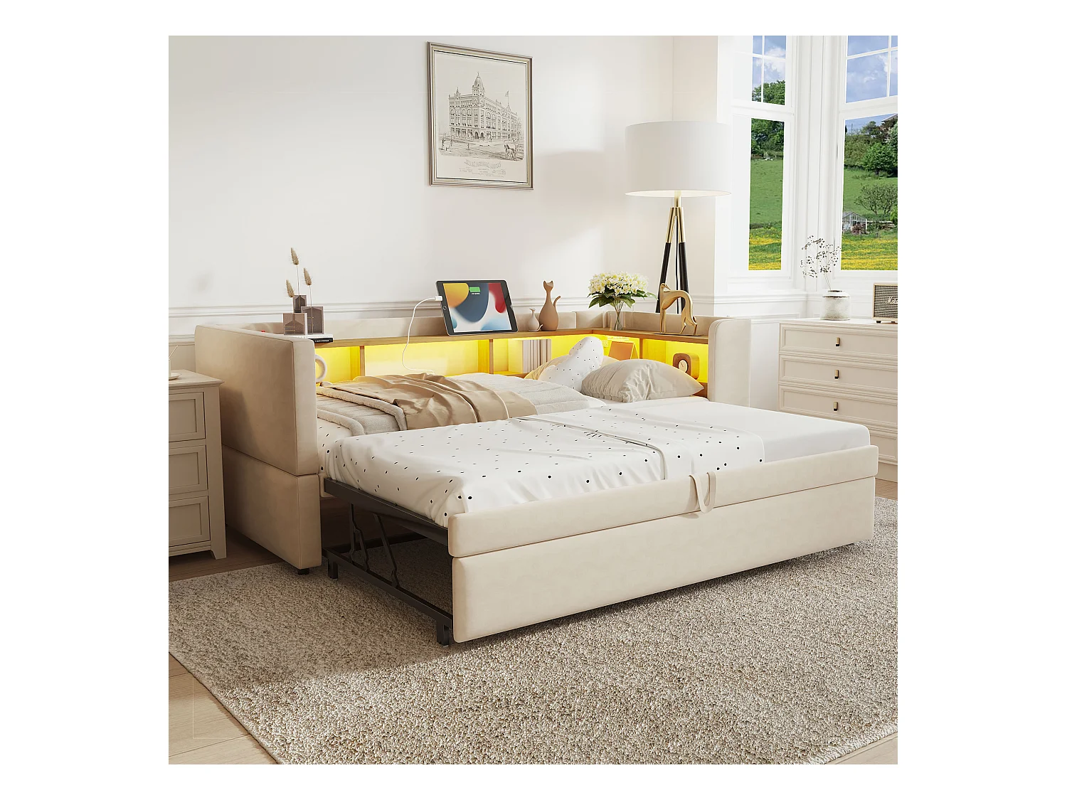 Canapé-lit banquette gigogne - 2 x 90 x 190 cm - Rangements + Leds + prises de charge - Bois massif - beige