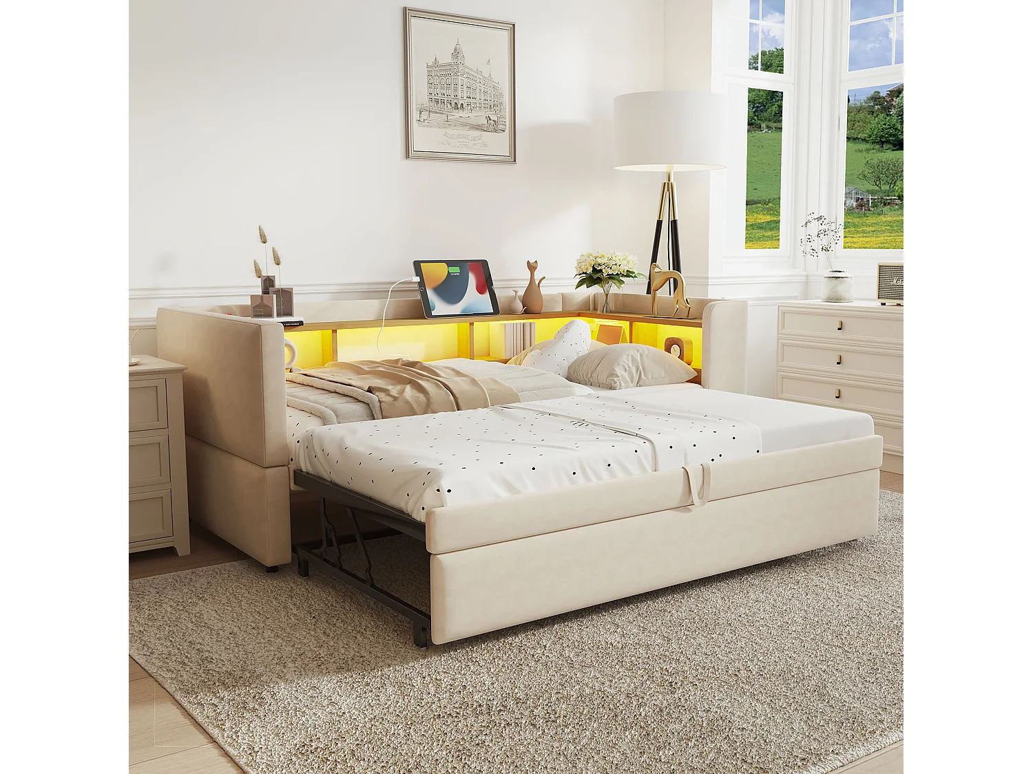 Schlafsofa mit Ausziehcouch - 2 x 90 x 190 cm - Stauraum + LEDs + Ladebuchsen - Massivholz - Beige