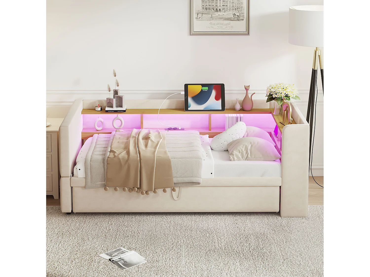 Schlafsofa mit Ausziehcouch - 2 x 90 x 190 cm - Stauraum + LEDs + Ladebuchsen - Massivholz - Beige