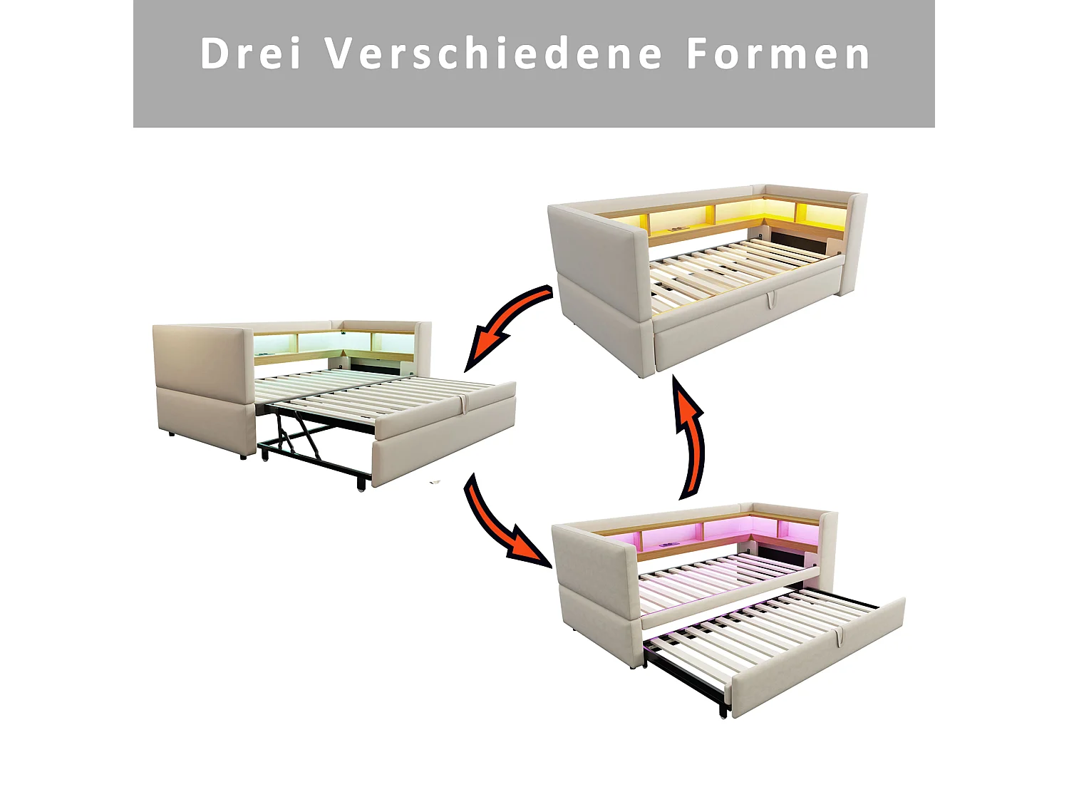 Schlafsofa mit Ausziehcouch - 2 x 90 x 190 cm - Stauraum + LEDs + Ladebuchsen - Massivholz - Beige