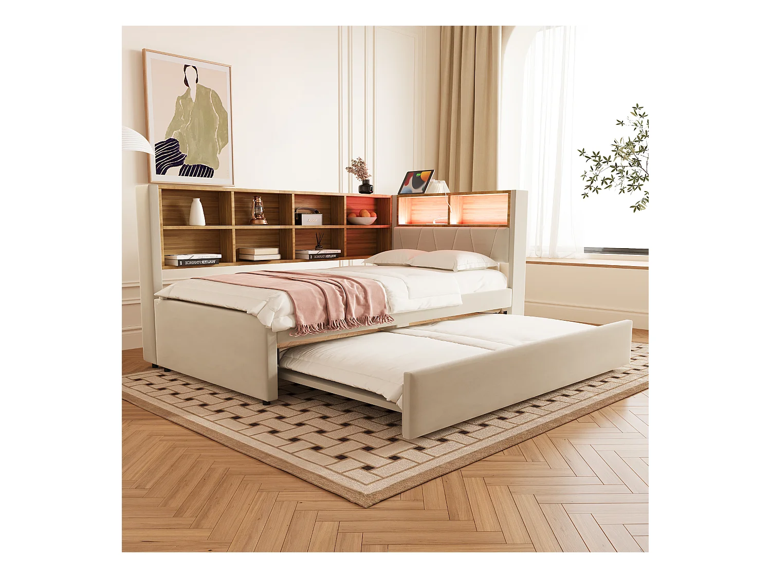 Canapé-lit rembourré gigogne - 90 x 200 cm + 90 x 190 cm - Leds et prises - avec rangements - Tissu flanelle - beige