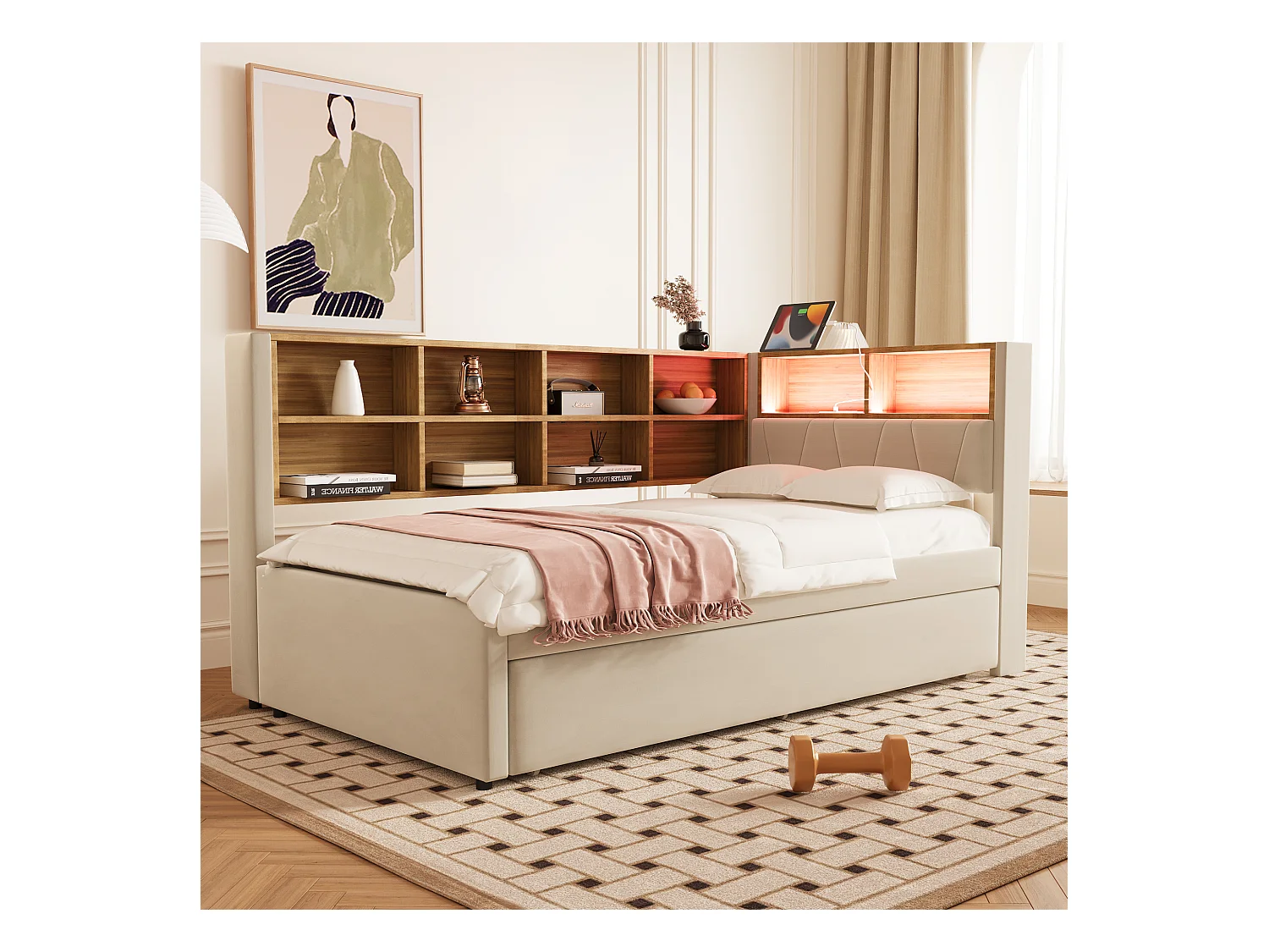 Canapé-lit rembourré gigogne - 90 x 200 cm + 90 x 190 cm - Leds et prises - avec rangements - Tissu flanelle - beige