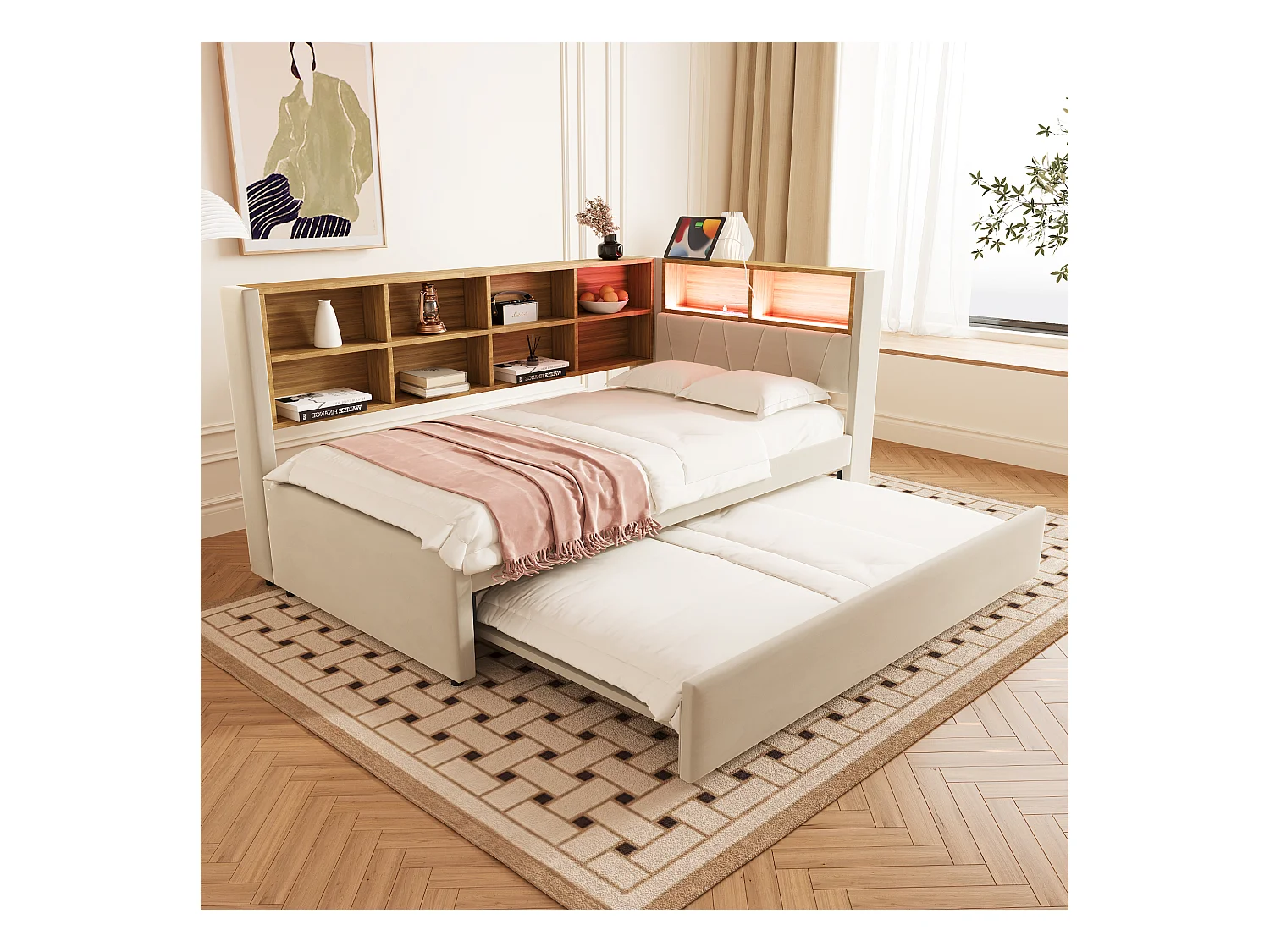 Canapé-lit rembourré gigogne - 90 x 200 cm + 90 x 190 cm - Leds et prises - avec rangements - Tissu flanelle - beige