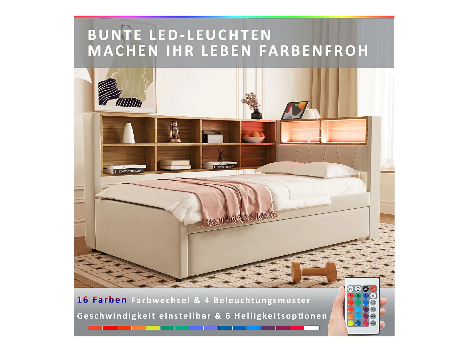 Canapé-lit rembourré gigogne - 90 x 200 cm + 90 x 190 cm - Leds et prises - avec rangements - Tissu flanelle - beige