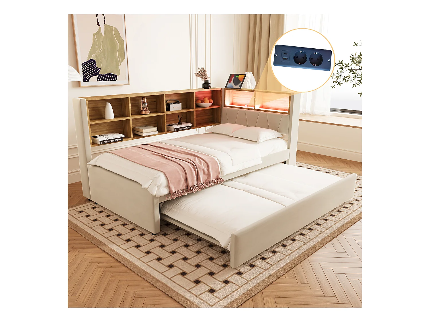 Canapé-lit rembourré gigogne - 90 x 200 cm + 90 x 190 cm - Leds et prises - avec rangements - Tissu flanelle - beige