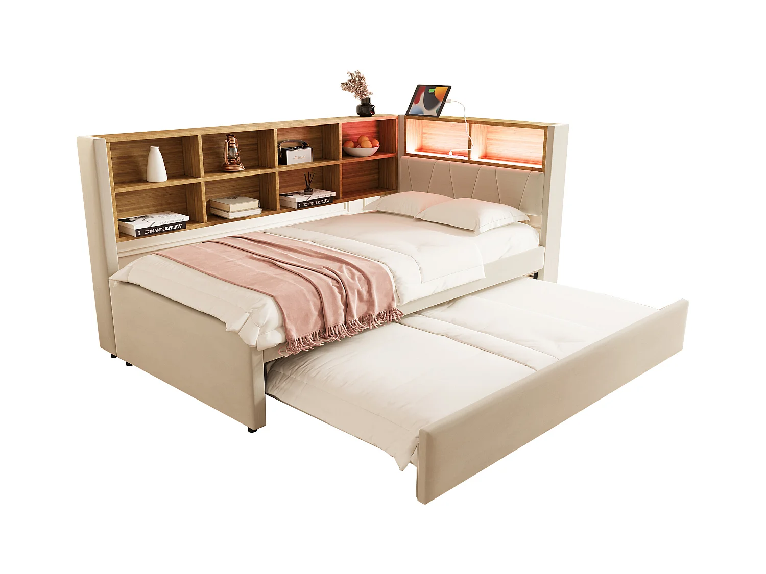 Canapé-lit rembourré gigogne - 90 x 200 cm + 90 x 190 cm - Leds et prises - avec rangements - Tissu flanelle - beige