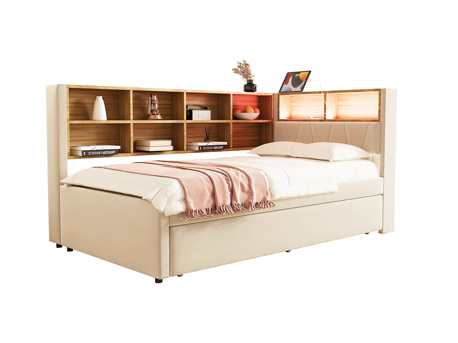 Canapé-lit rembourré gigogne - 90 x 200 cm + 90 x 190 cm - Leds et prises - avec rangements - Tissu flanelle - beige