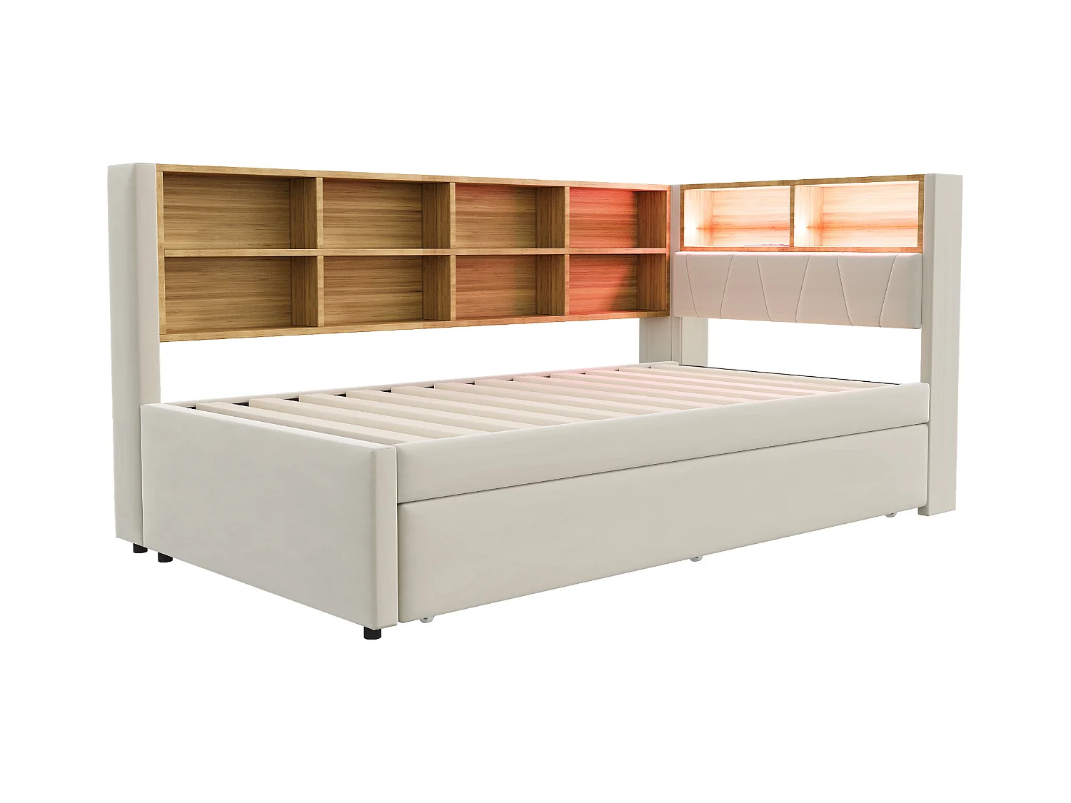 Canapé-lit rembourré gigogne - 90 x 200 cm + 90 x 190 cm - Leds et prises - avec rangements - Tissu flanelle - beige