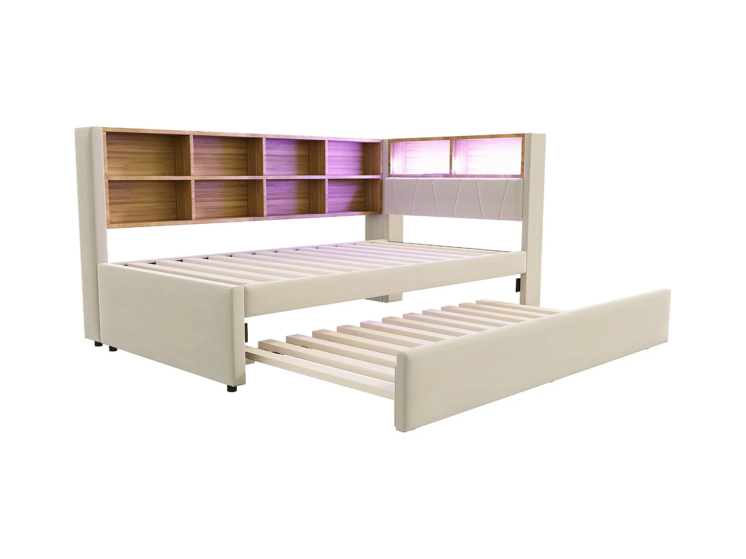 Canapé-lit rembourré gigogne - 90 x 200 cm + 90 x 190 cm - Leds et prises - avec rangements - Tissu flanelle - beige