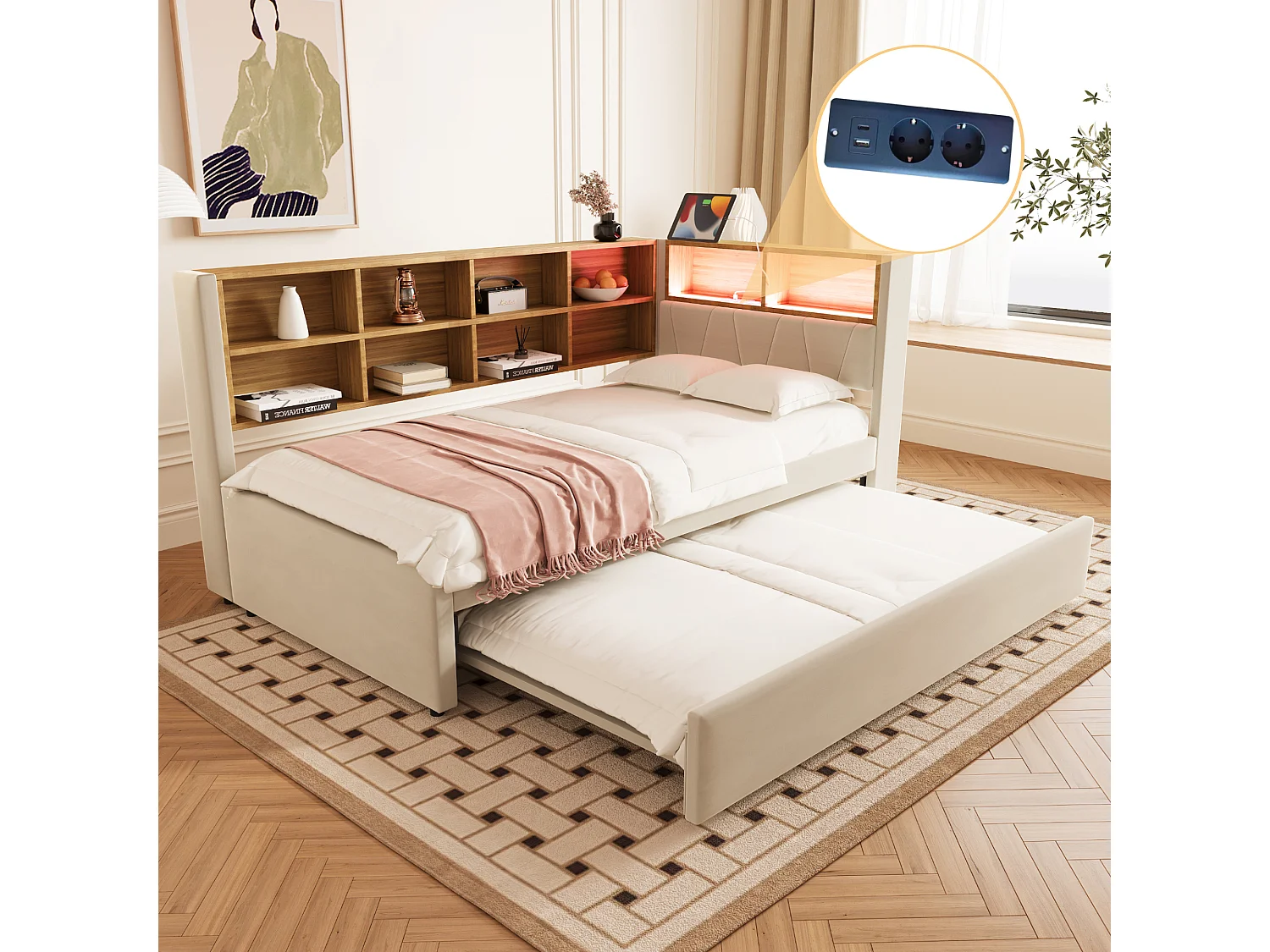 Canapé-lit rembourré gigogne - 90 x 200 cm + 90 x 190 cm - Leds et prises - avec rangements - Tissu flanelle - beige