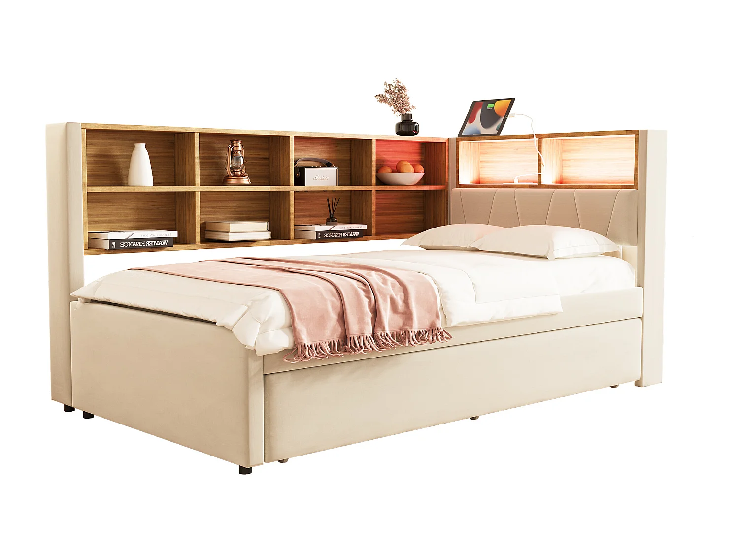 Canapé-lit rembourré gigogne - 90 x 200 cm + 90 x 190 cm - Leds et prises - avec rangements - Tissu flanelle - beige