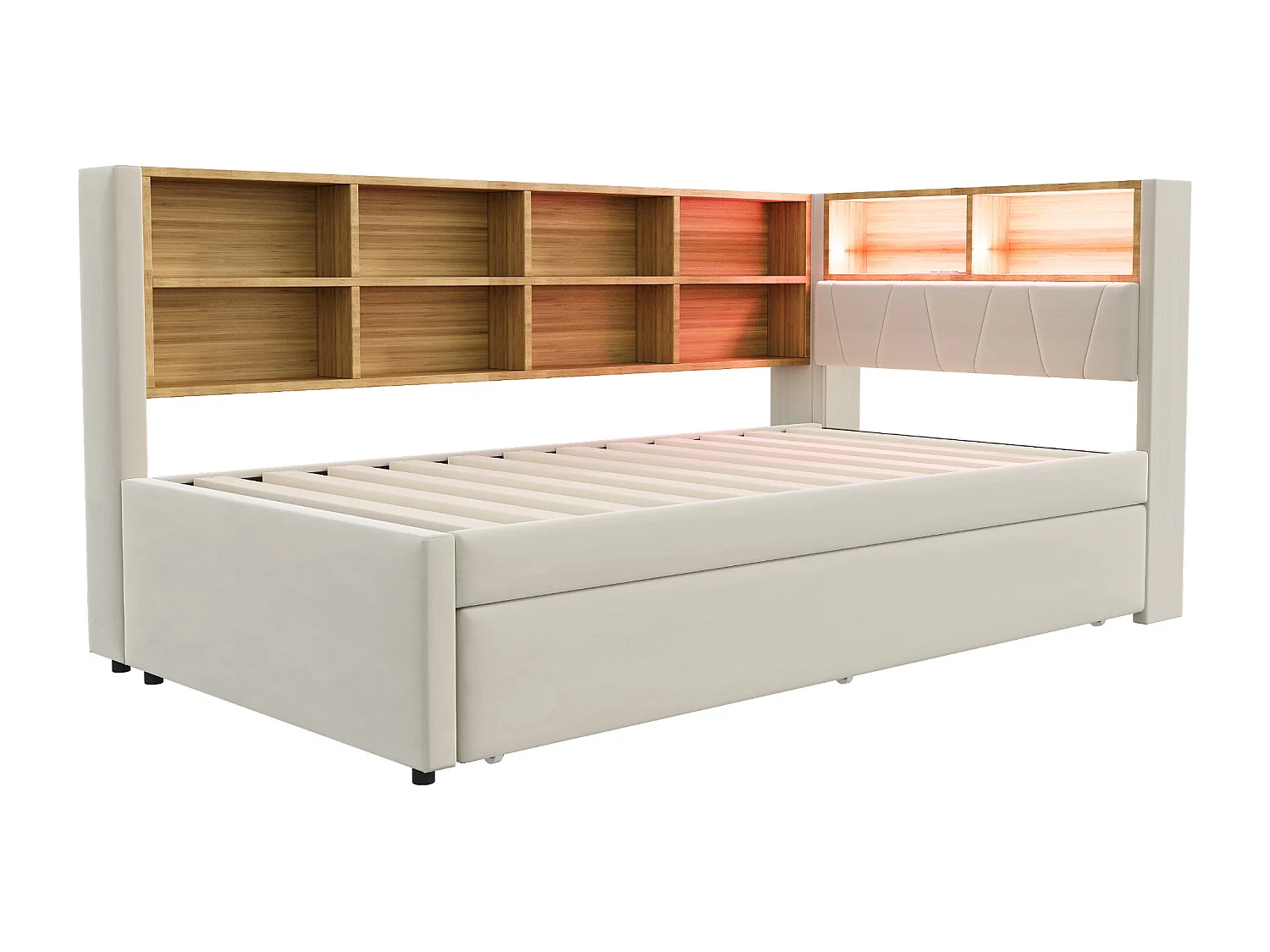 Canapé-lit rembourré gigogne - 90 x 200 cm + 90 x 190 cm - Leds et prises - avec rangements - Tissu flanelle - beige