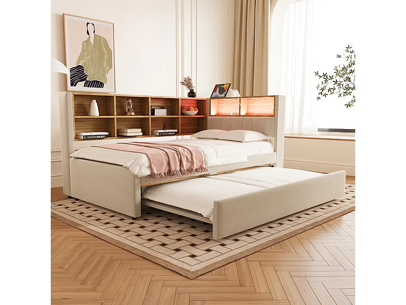 Gestoffeerde uitschuifbare slaapbank - 90 x 200 cm + 90 x 190 cm - LED's en stopcontacten - met opbergruimte - Flanellen stof - beige