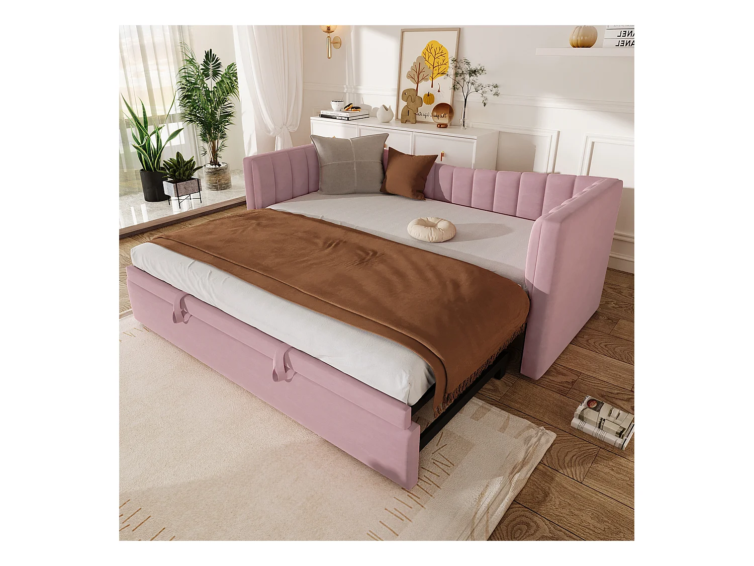 Letto estraibile imbottito - 90/180 x 190 cm - Divano letto - velluto + MDF - rosa