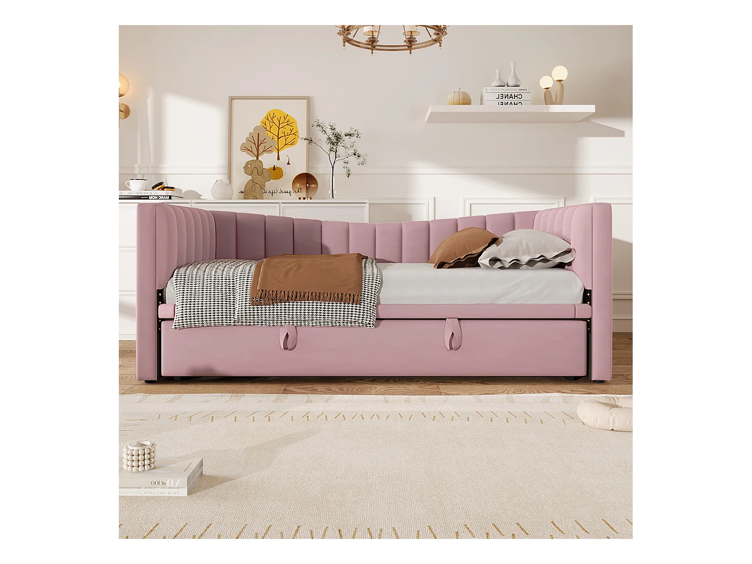 Letto estraibile imbottito - 90/180 x 190 cm - Divano letto - velluto + MDF - rosa