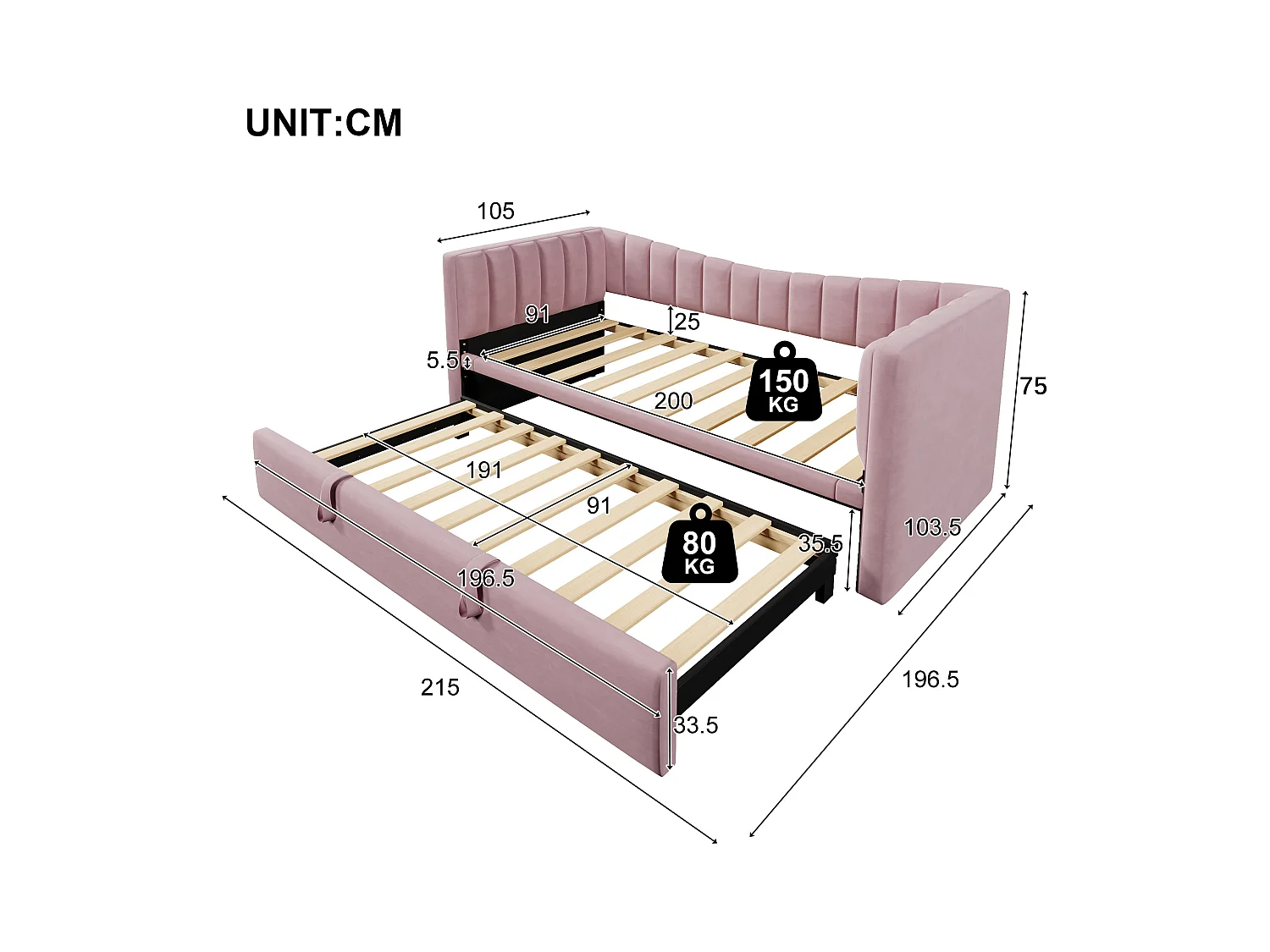Letto estraibile imbottito - 90/180 x 190 cm - Divano letto - velluto + MDF - rosa