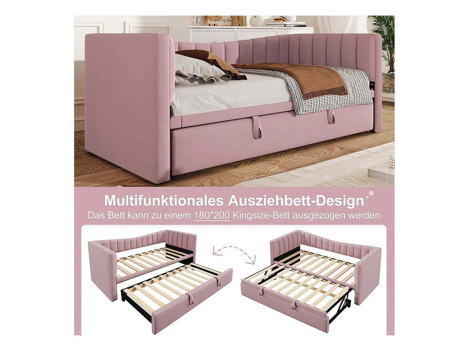 Letto estraibile imbottito - 90/180 x 190 cm - Divano letto - velluto + MDF - rosa