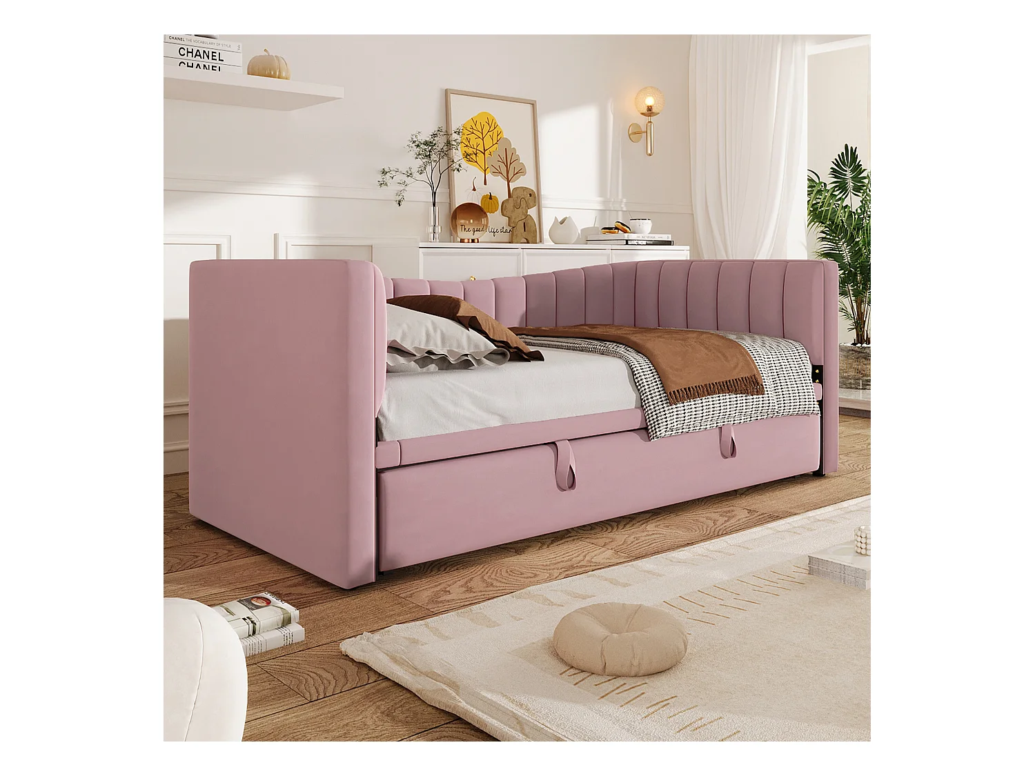 Lit gigogne rembourré - 90 /180 x 190 cm - Canapé-lit  - velours + MDF - rose
