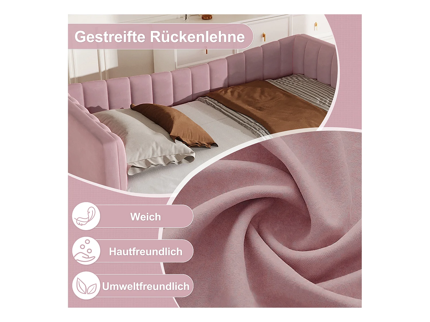 Lit gigogne rembourré - 90 /180 x 190 cm - Canapé-lit  - velours + MDF - rose