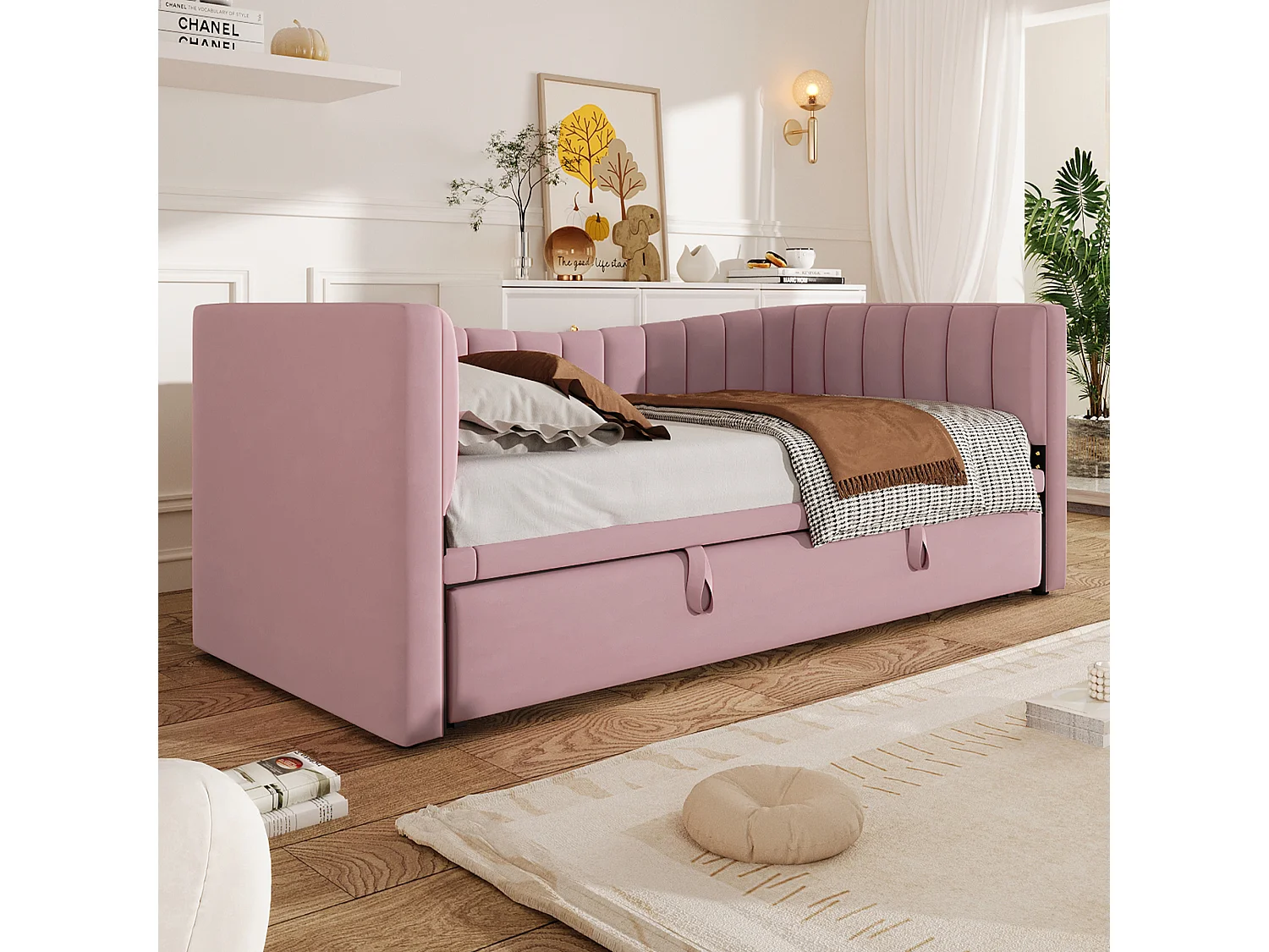 Gepolstertes Ausziehbett - 90/180 x 190 cm - Schlafsofa - Samt + MDF - rosa