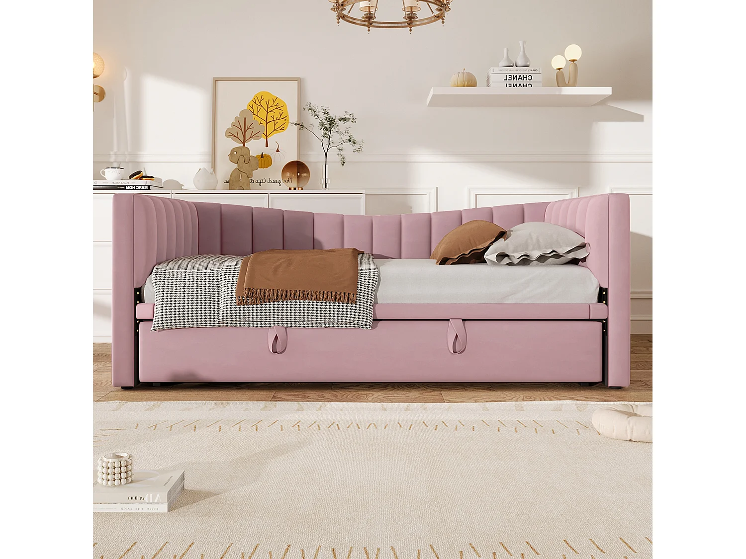 Gepolstertes Ausziehbett - 90/180 x 190 cm - Schlafsofa - Samt + MDF - rosa