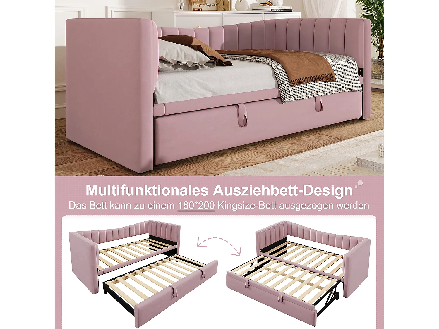 Gepolstertes Ausziehbett - 90/180 x 190 cm - Schlafsofa - Samt + MDF - rosa