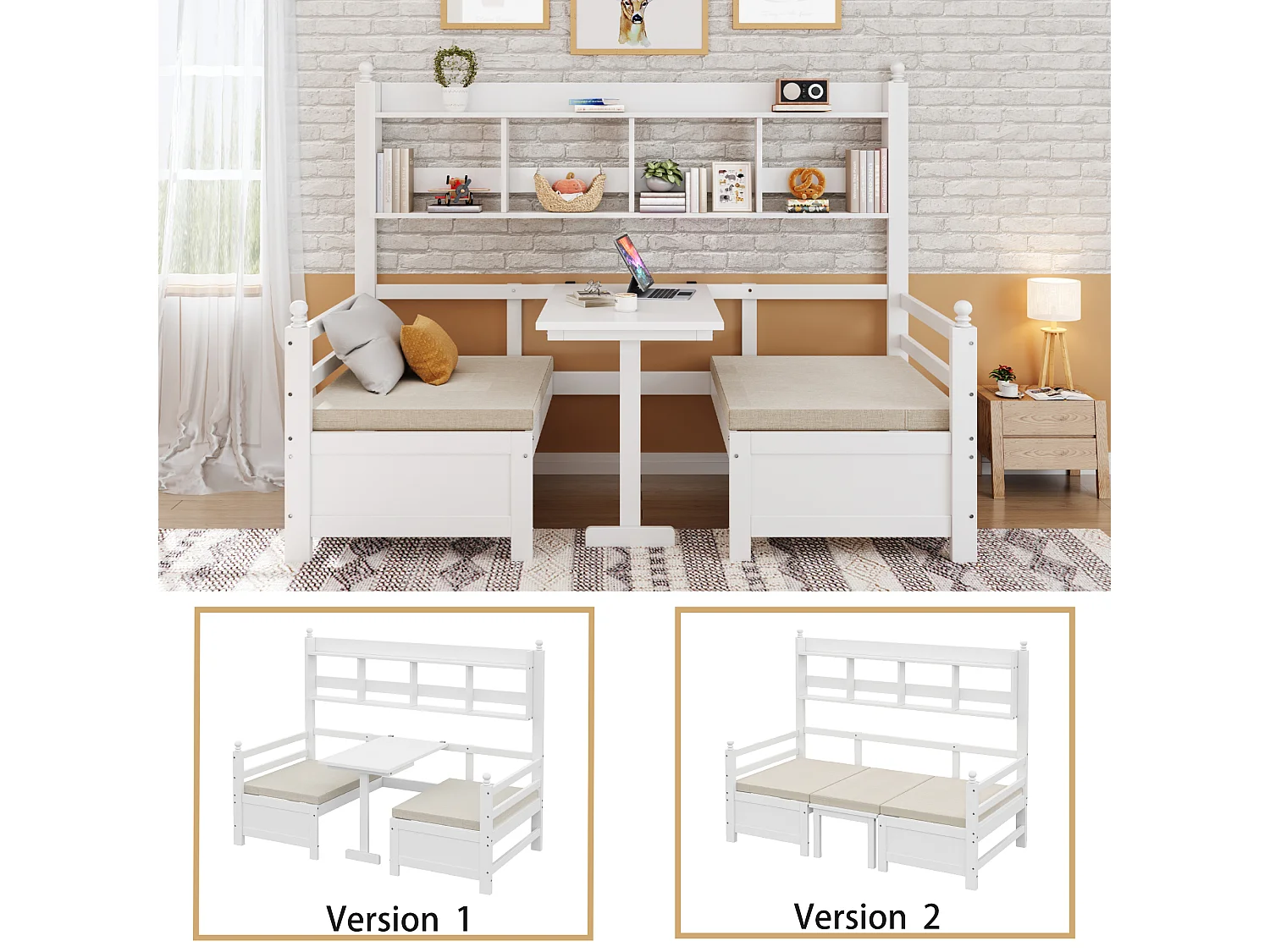Canapé-lit multifonctionnel - 200 x 90 cm - 2 en 1 - avec oreillers et rangements - Bois massif- Blanc