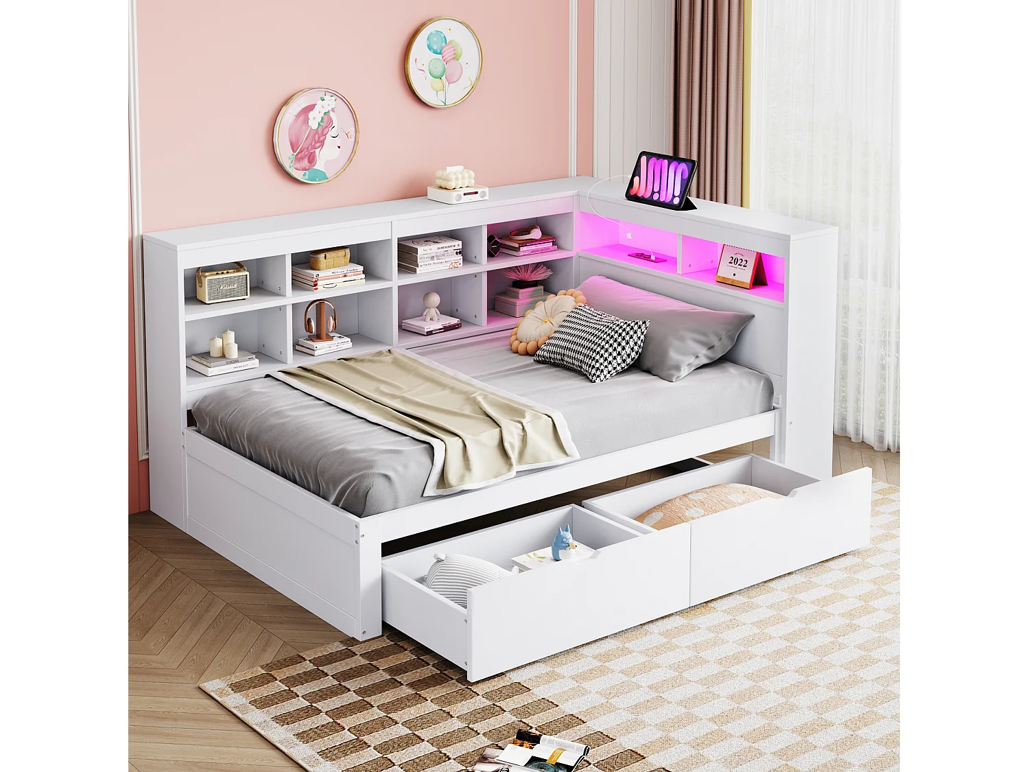 Sofá-cama estofado - 90 x 200 cm - 2 gavetas - LEDs e tomadas - com arrumação - Tecido de flanela - branco