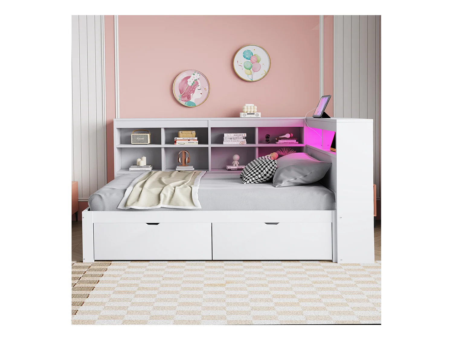 Sofá-cama estofado - 90 x 200 cm - 2 gavetas - LEDs e tomadas - com arrumação - Tecido de flanela - branco