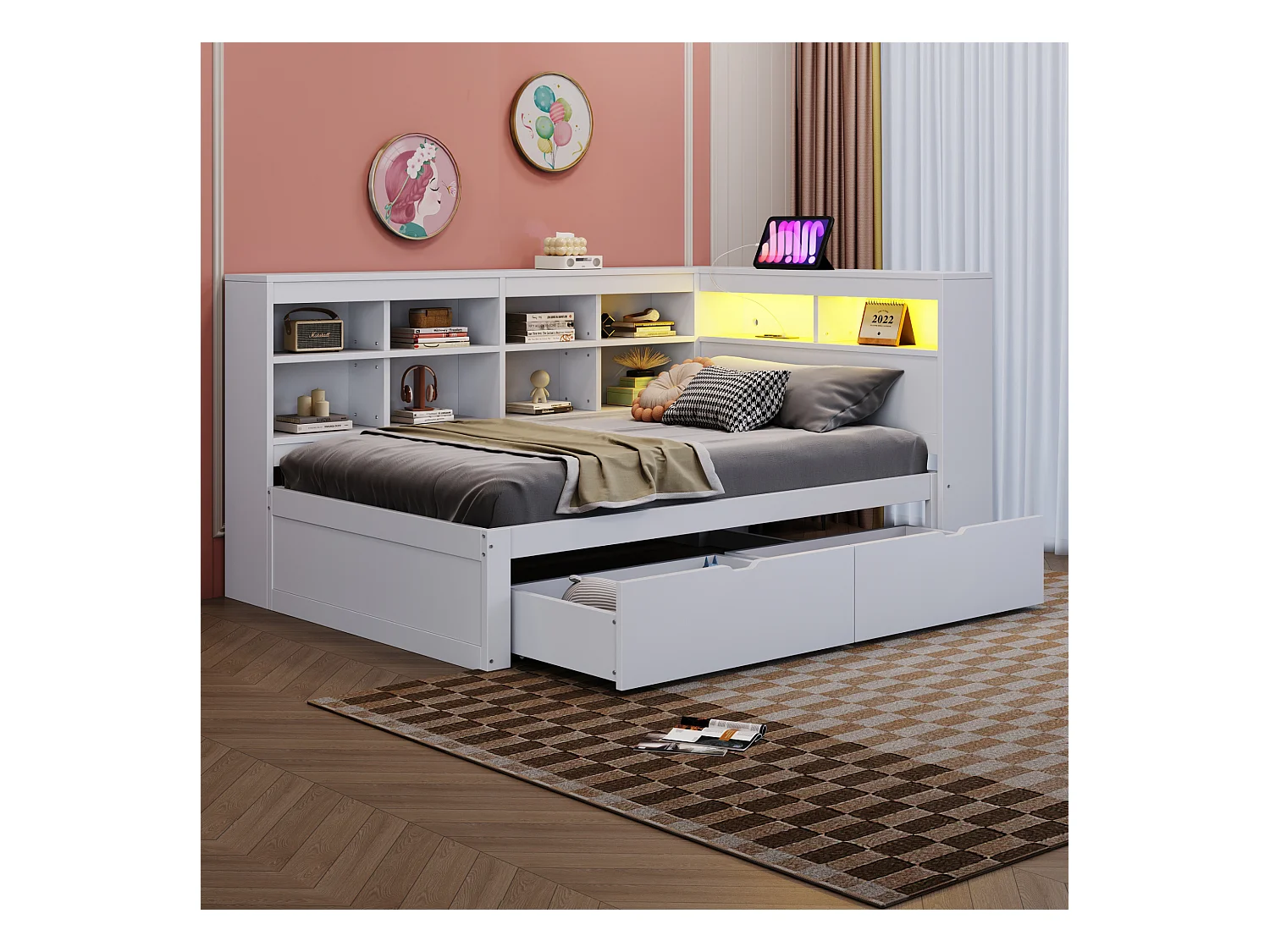 Sofá-cama estofado - 90 x 200 cm - 2 gavetas - LEDs e tomadas - com arrumação - Tecido de flanela - branco