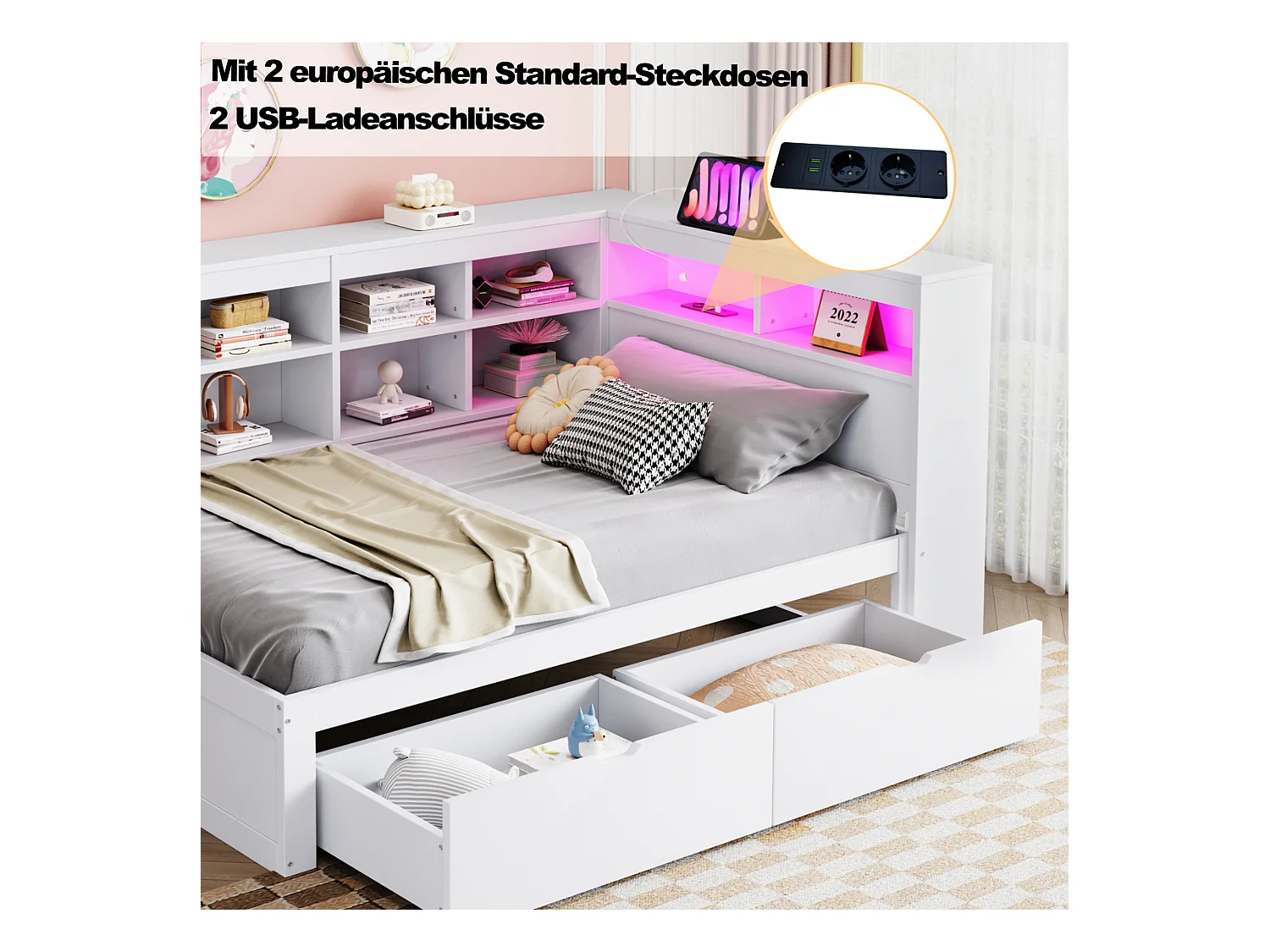 Sofá-cama estofado - 90 x 200 cm - 2 gavetas - LEDs e tomadas - com arrumação - Tecido de flanela - branco