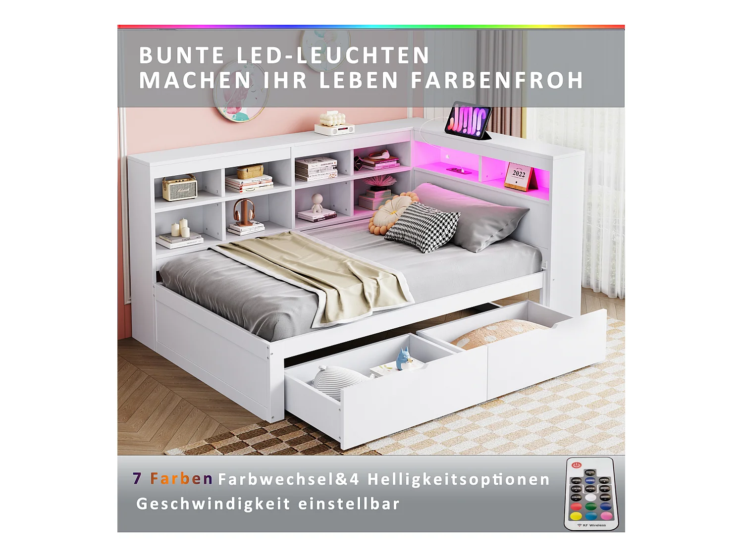 Sofá-cama estofado - 90 x 200 cm - 2 gavetas - LEDs e tomadas - com arrumação - Tecido de flanela - branco