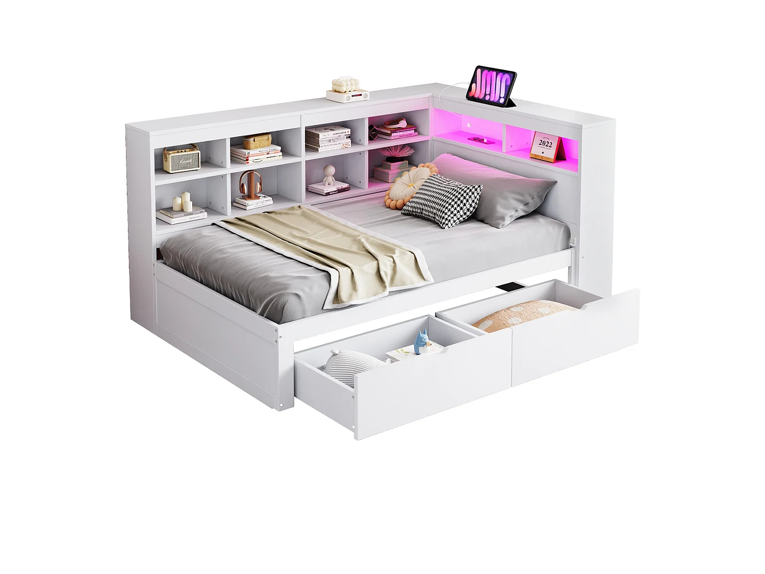 Sofá-cama estofado - 90 x 200 cm - 2 gavetas - LEDs e tomadas - com arrumação - Tecido de flanela - branco