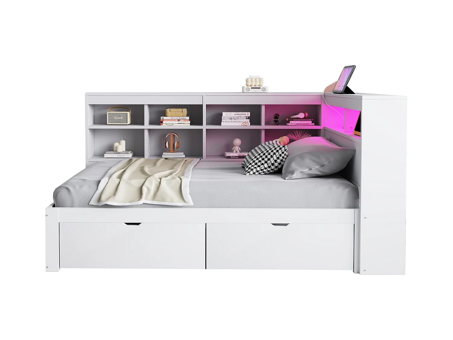 Sofá-cama estofado - 90 x 200 cm - 2 gavetas - LEDs e tomadas - com arrumação - Tecido de flanela - branco