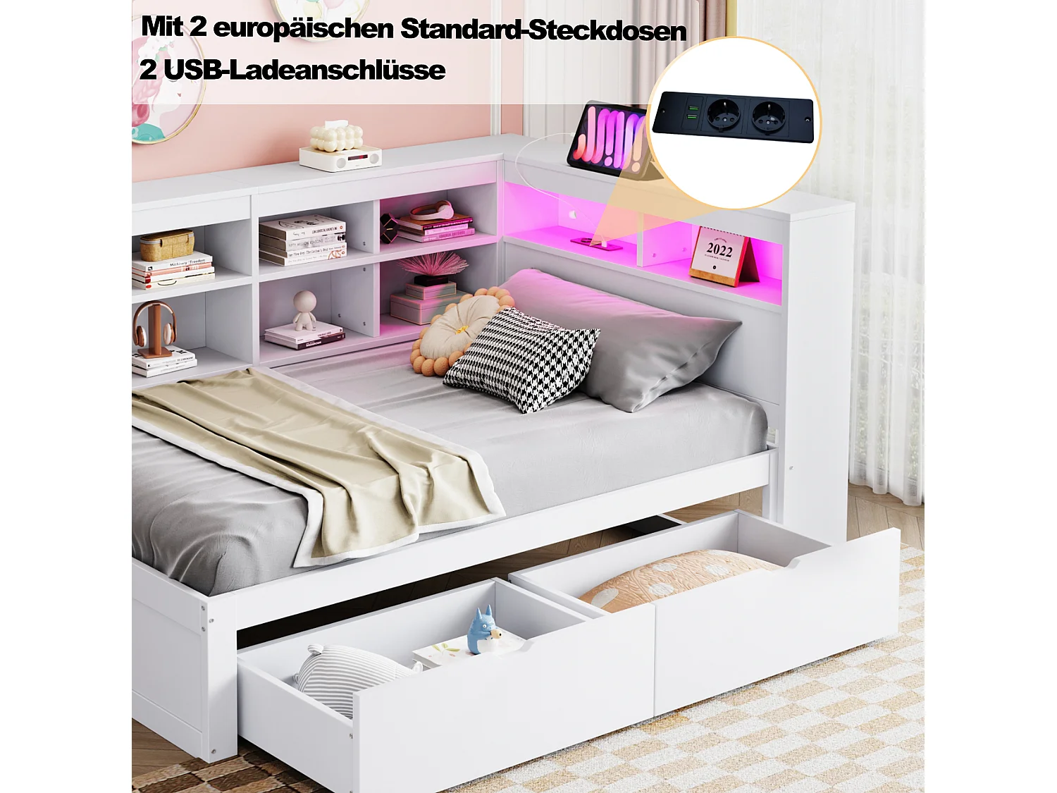 Divano letto imbottito - 90 x 200 cm - 2 cassetti - LED e prese - con contenitore - Tessuto flanella - bianco