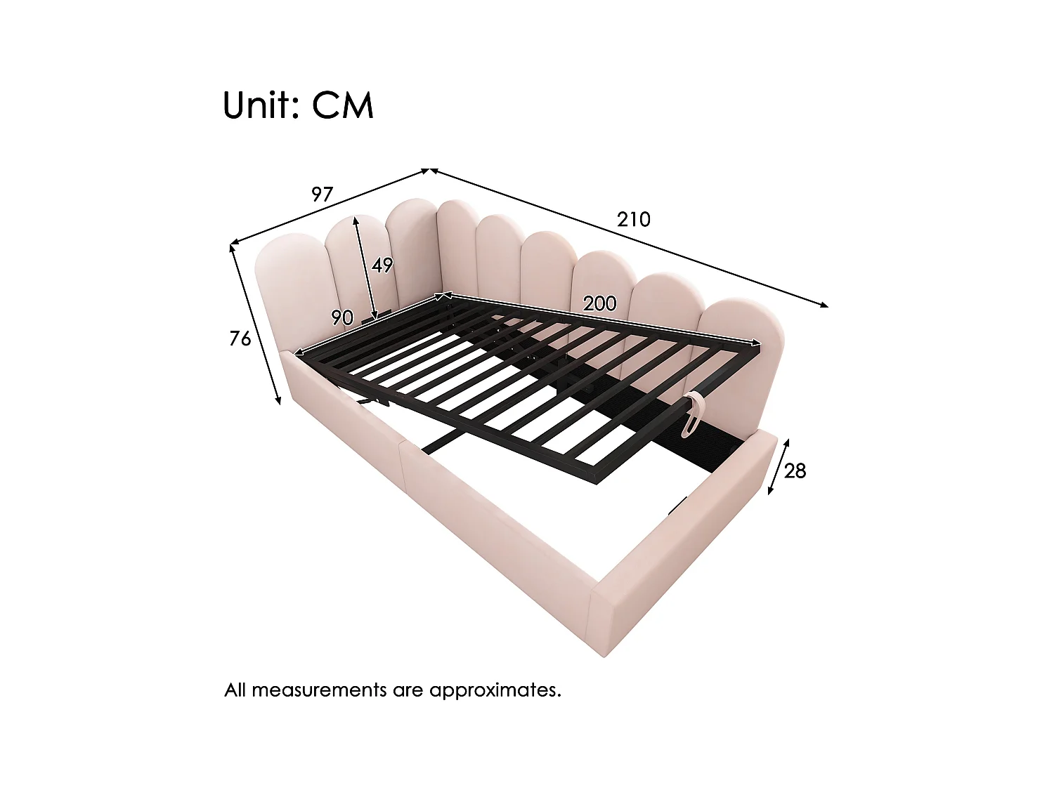 Divano letto contenitore imbottito per bambini - 90 x 200 cm - Velluto + Metallo + Compensato - Rosa