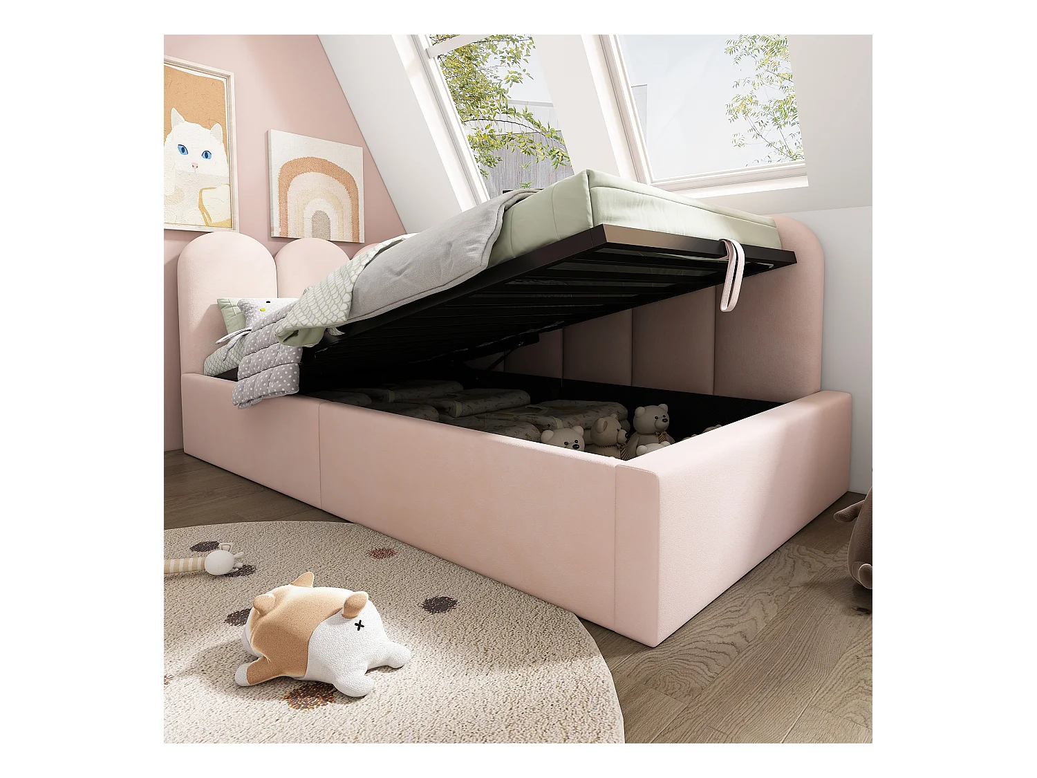Divano letto contenitore imbottito per bambini - 90 x 200 cm - Velluto + Metallo + Compensato - Rosa