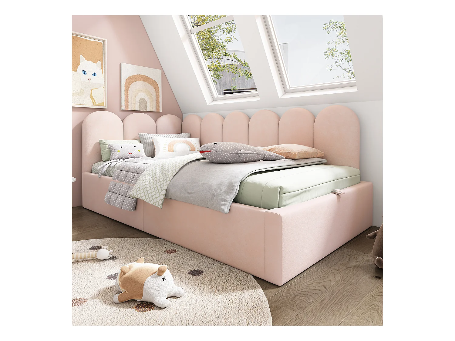 Divano letto contenitore imbottito per bambini - 90 x 200 cm - Velluto + Metallo + Compensato - Rosa