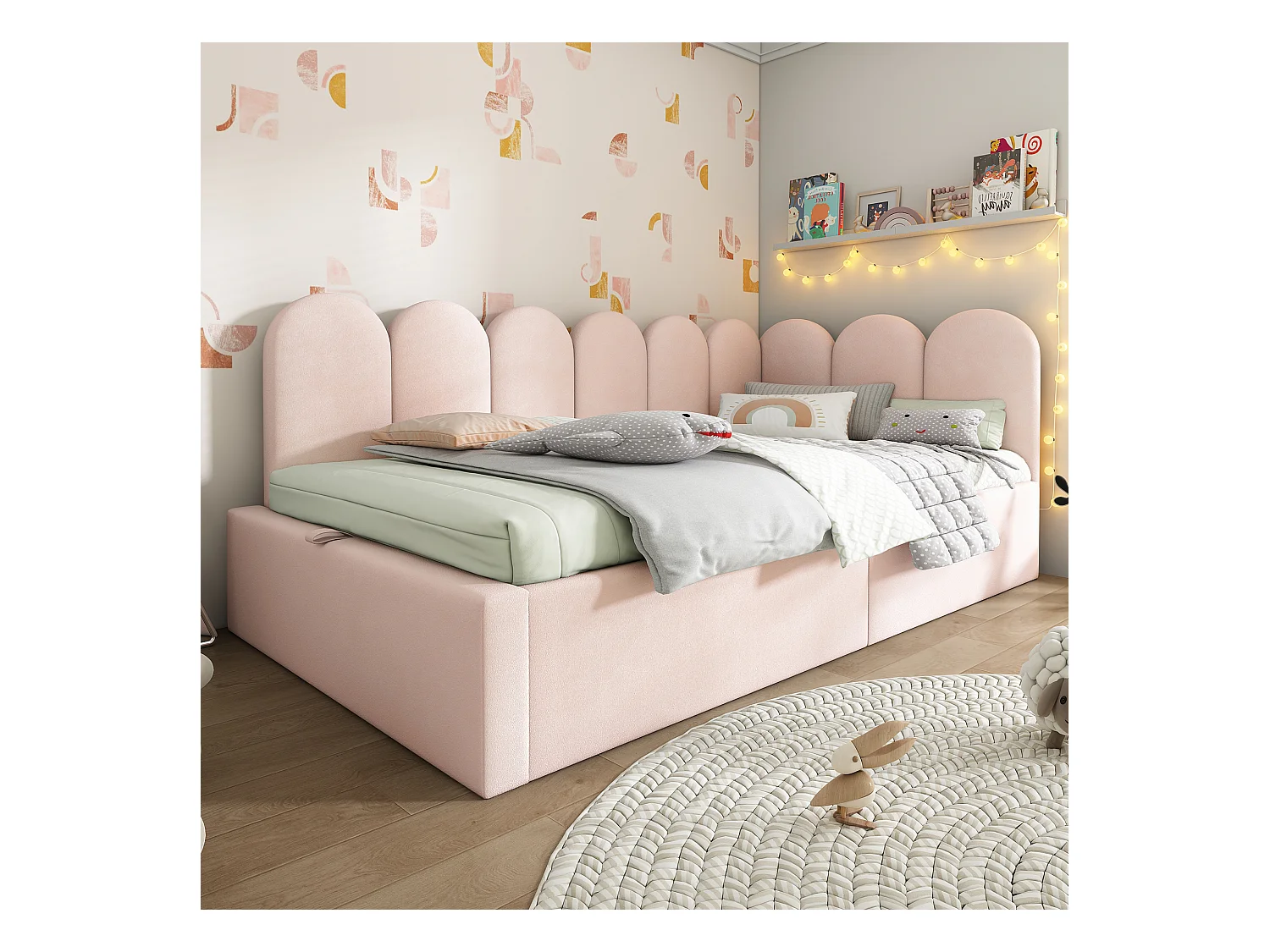 Divano letto contenitore imbottito per bambini - 90 x 200 cm - Velluto + Metallo + Compensato - Rosa