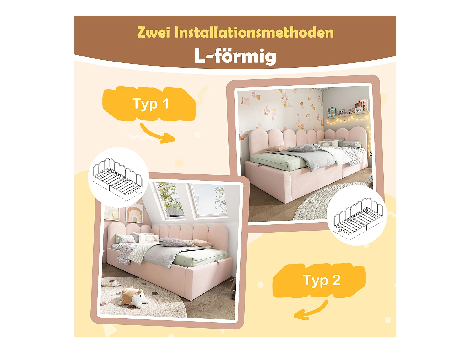 Divano letto contenitore imbottito per bambini - 90 x 200 cm - Velluto + Metallo + Compensato - Rosa