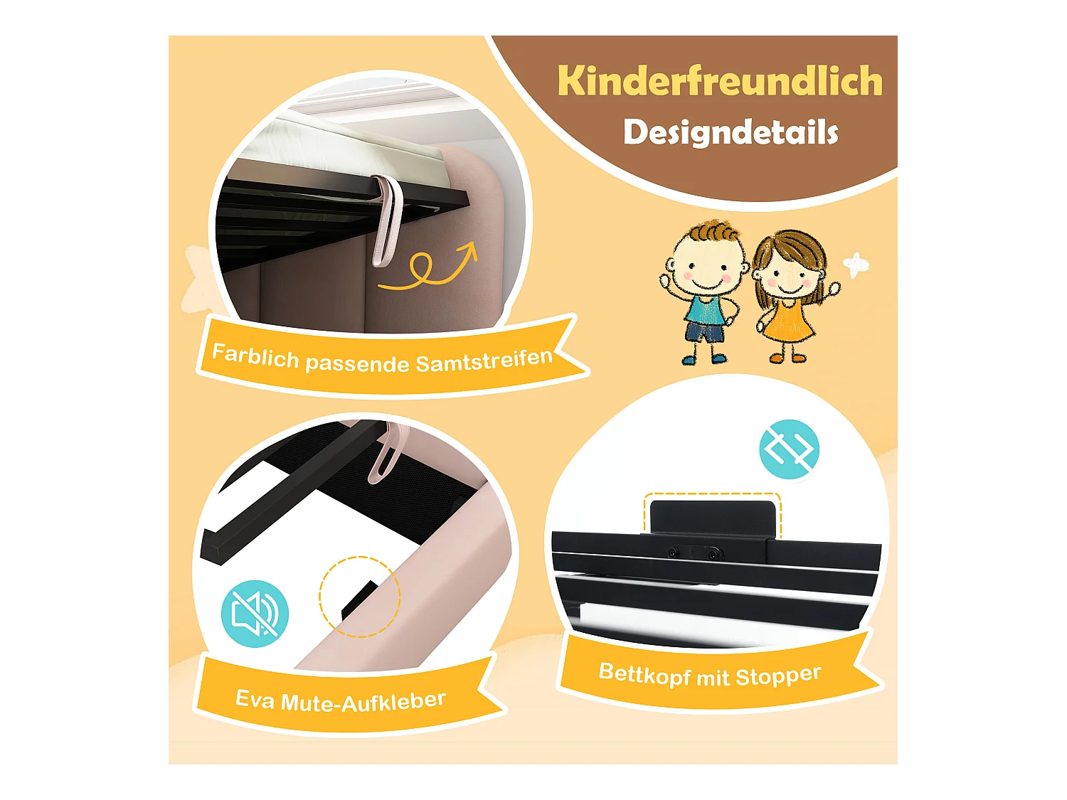 Divano letto contenitore imbottito per bambini - 90 x 200 cm - Velluto + Metallo + Compensato - Rosa