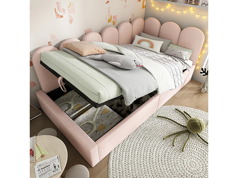 Canapé-lit coffre rembourré pour enfant - 90 x 200 cm - velours + métal + contreplaqué - rose