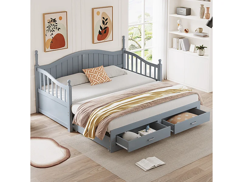 Lit banquette - 90 /180 x 190 cm - Canapé-lit - 2 tiroirs - bois de pin + contreplaqué + MDF - Gris