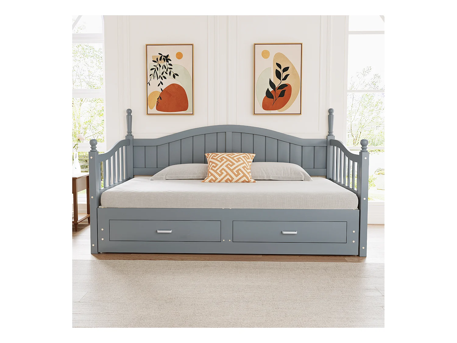 Lit banquette - 90 /180 x 190 cm - Canapé-lit - 2 tiroirs - bois de pin + contreplaqué + MDF - Gris