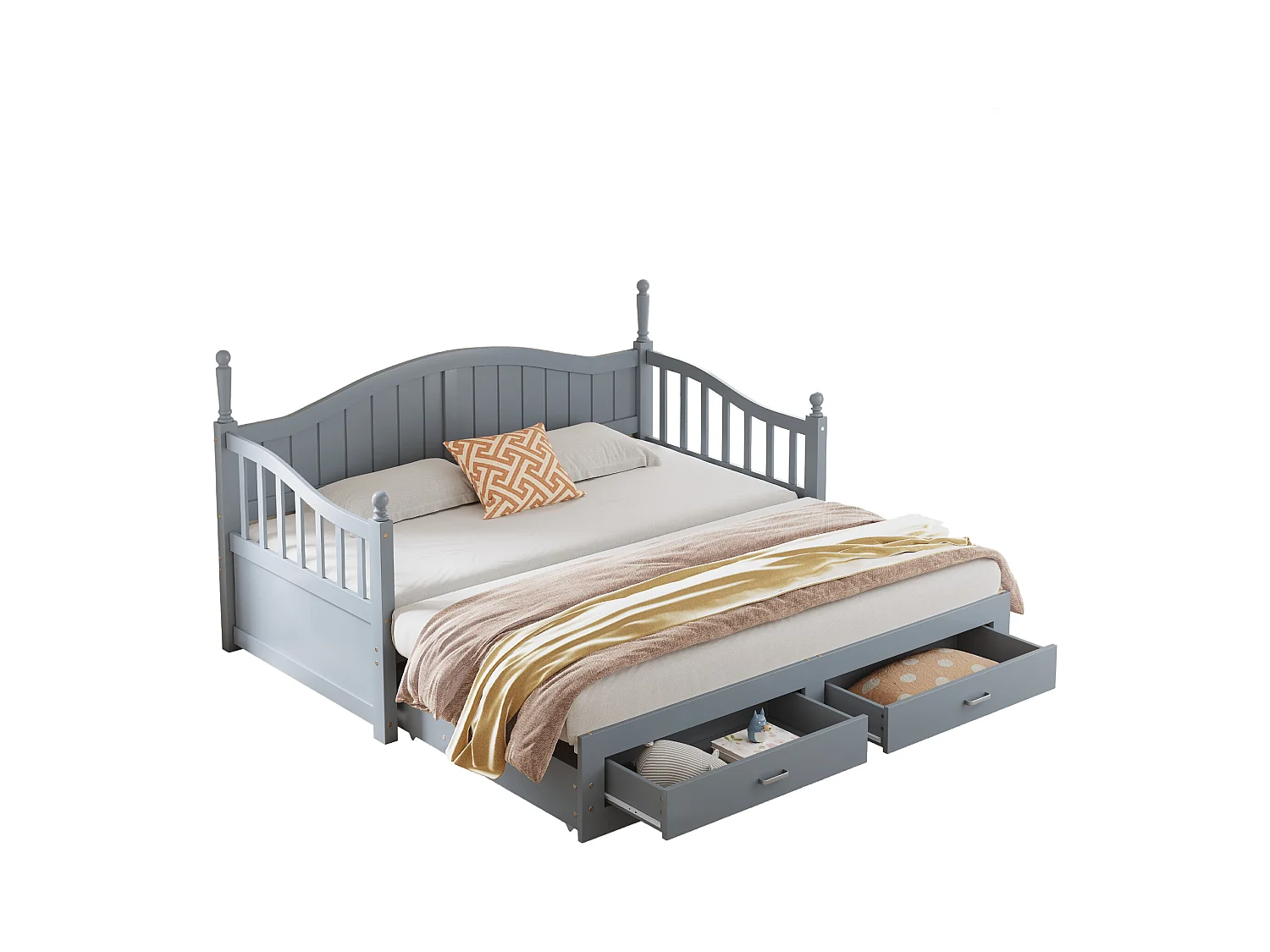 Lit banquette - 90 /180 x 190 cm - Canapé-lit - 2 tiroirs - bois de pin + contreplaqué + MDF - Gris