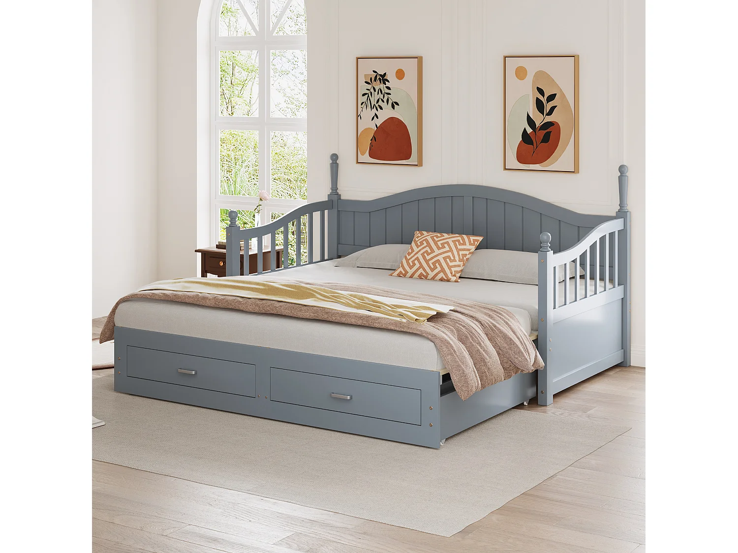 Lit banquette - 90 /180 x 190 cm - Canapé-lit - 2 tiroirs - bois de pin + contreplaqué + MDF - Gris