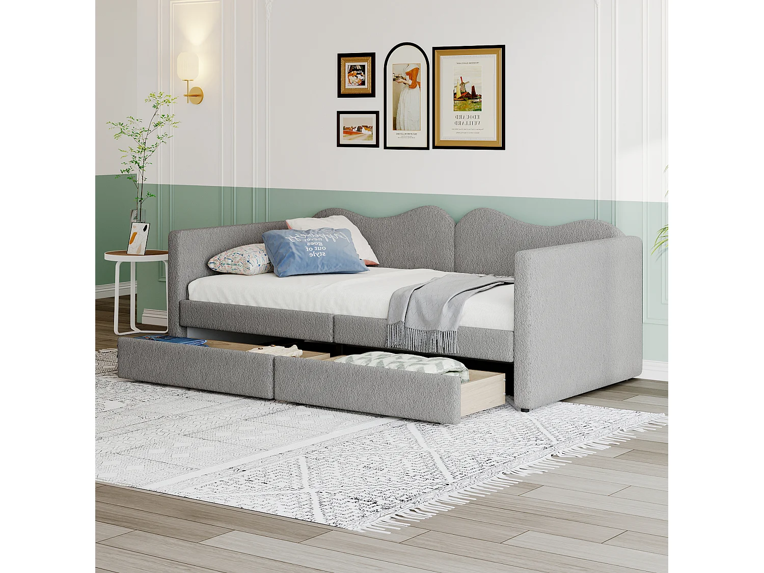 Canapé-Lit coffre enfant - 90 x 200 cm - 2 tiroirs + Dossier et accoudoirs - Tissu ours en peluche - Gris