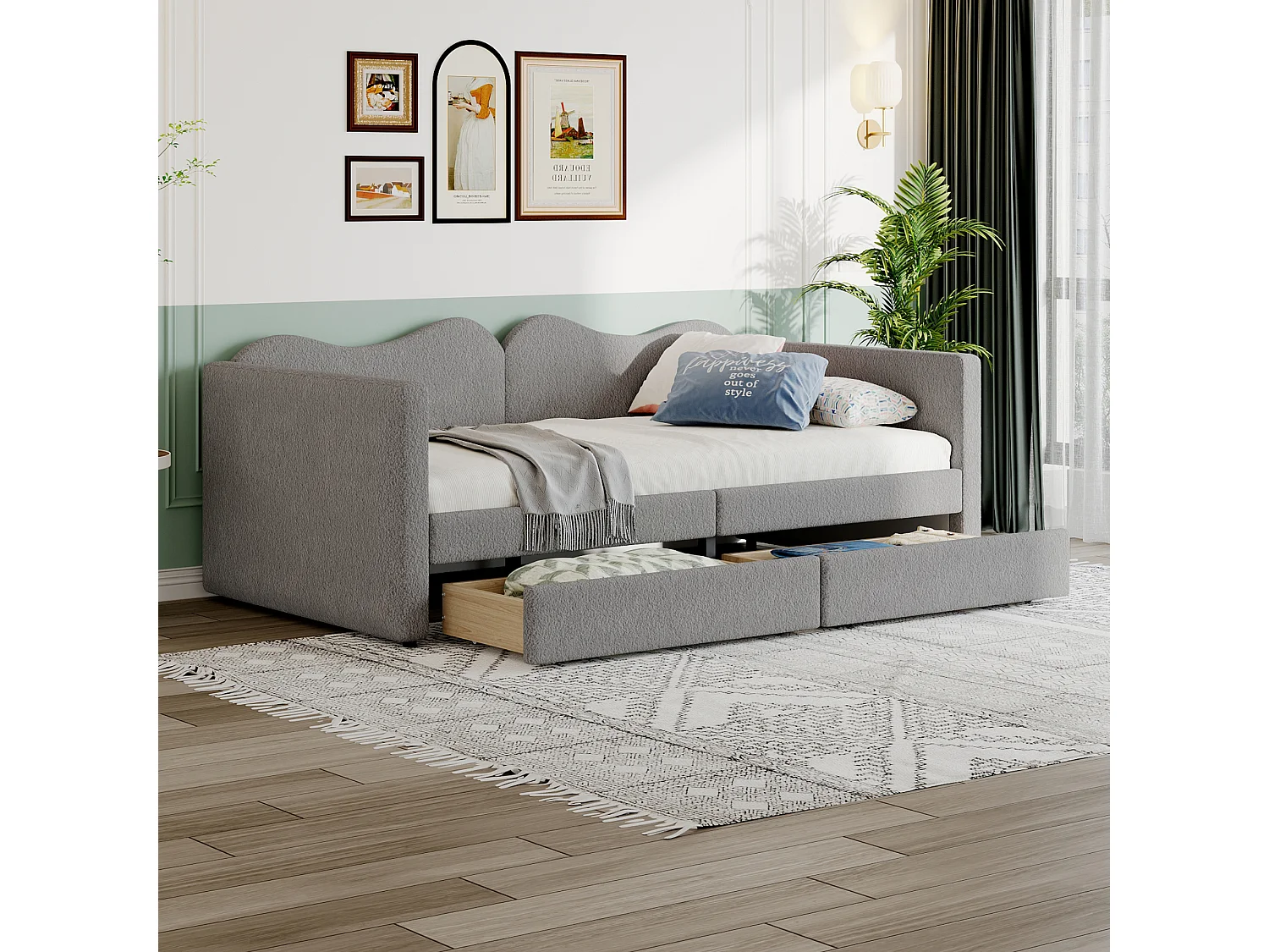 Canapé-Lit coffre enfant - 90 x 200 cm - 2 tiroirs + Dossier et accoudoirs - Tissu ours en peluche - Gris