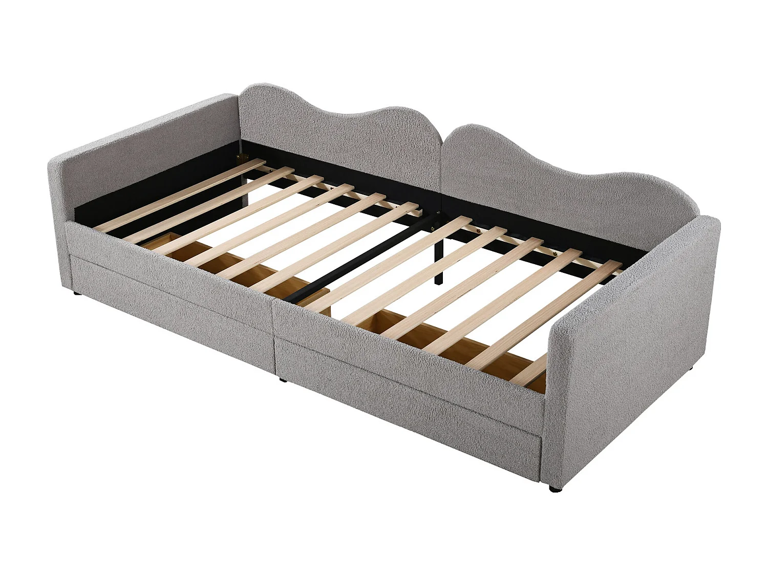 Canapé-Lit coffre enfant - 90 x 200 cm - 2 tiroirs + Dossier et accoudoirs - Tissu ours en peluche - Gris